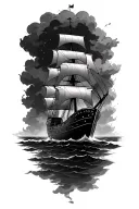 "Fail we may sail we must" Ship sailing through storm clouds and underneath the ship on scroll paper is text that says fail we may sail we must tattoo design idea