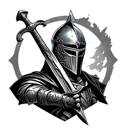 In the style of sketch tattoo a crusader knight with a helmet and a handle of a sword tattoo design idea