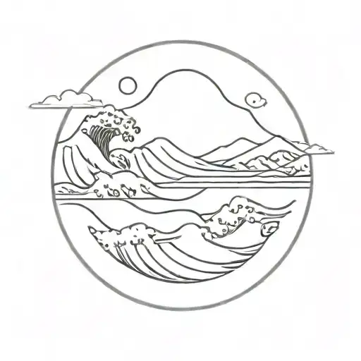 the great wave without Mount Fuji in the background, circular and shaded tattoo design idea