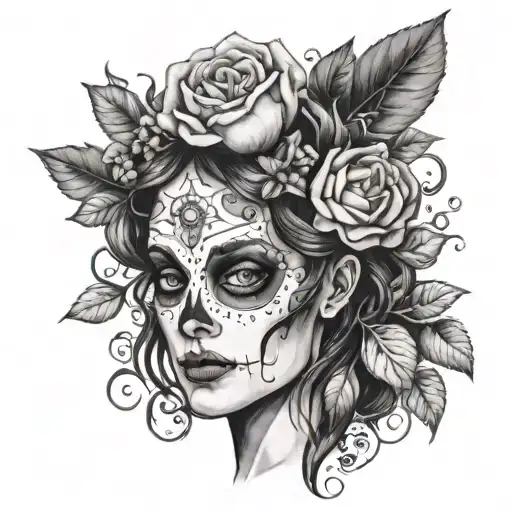 Persephone with white eyes and cracked skin, flowers in her hair, a skull in her hand and a pomegranate tattoo design idea