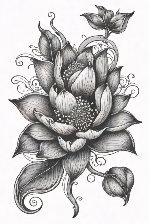 lotus flower, name, tendrils tattoo design idea