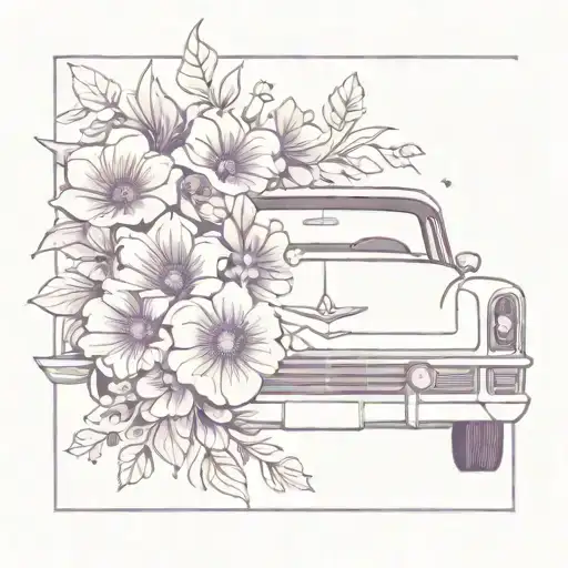 purple cadillac coupe devill with flowers surrounding tattoo design idea