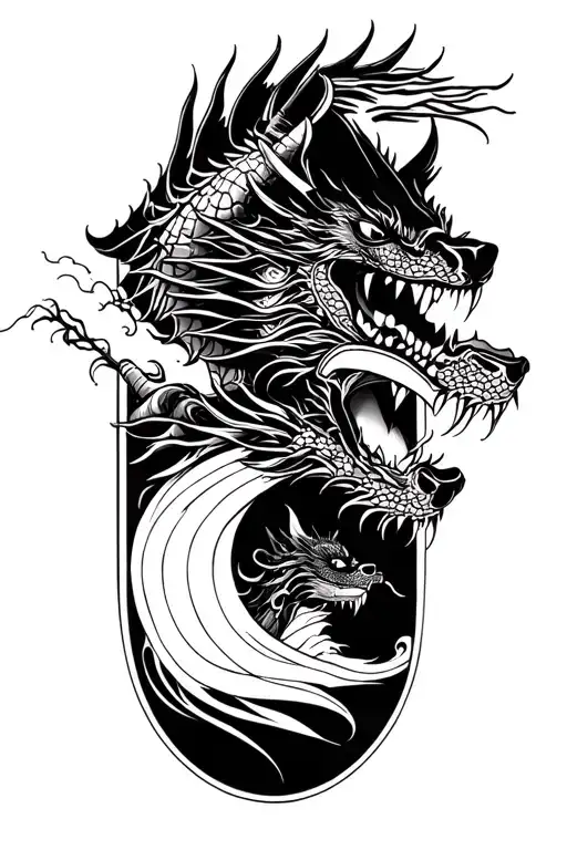 samurai and dragons and war and robots and scenery and japanese culture and japanese wooden doorways and dogs and mechan tattoo design idea