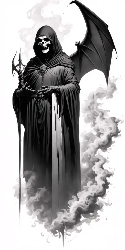 hooded reaper silohuette, smoke, fire, scary, bat wings tattoo design idea