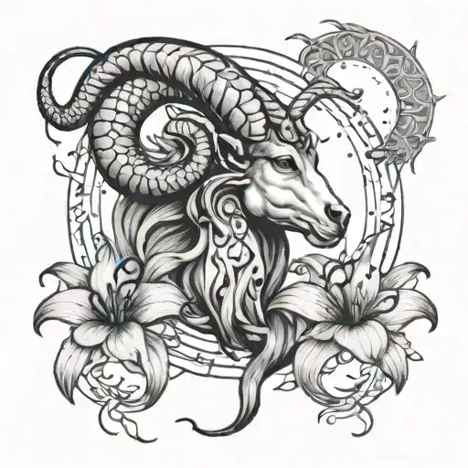 A tattoo design featuring a Capricorn constellation intertwined with the sun and lilies, symbolizing the connection betw tattoo design idea
