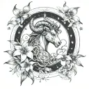 A tattoo design featuring a Capricorn constellation intertwined with the sun and lilies, symbolizing the connection betw tattoo design idea