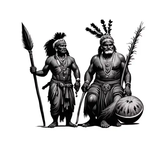 India Reina, Negro Gerrero, Indian with a spear, black midwife, an old man with cane and a watermelon, and a malandro tattoo design idea