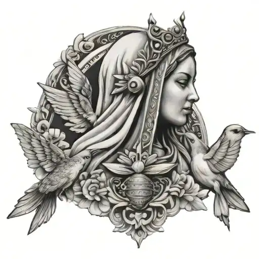 queen bee, virgin mary 2 doves tattoo design idea