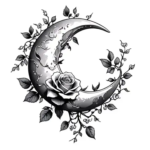 A crescent moon cradling a delicate rose intertwined with honeysuckle vines, flowing like gentle waves. crab claw 7 s tattoo design idea