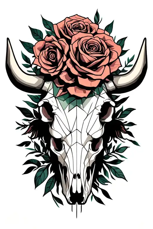 Highland Cow skull with roses tattoo design idea