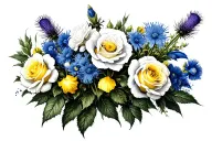 white roses yellow daffodils white carnations blue irises light blue delphiniums white Veronica & sea holly thistles  tattoo design idea