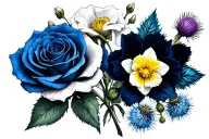 white roses yellow daffodils white carnations blue irises light blue delphiniums white Veronica & sea holly thistles  tattoo design idea
