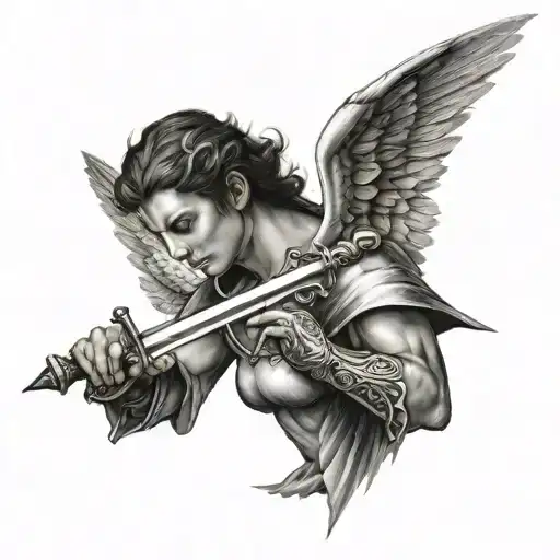 angel with sword and hugw wings expanded into my neck. this is for a back tattoo on shoulder level tattoo design idea