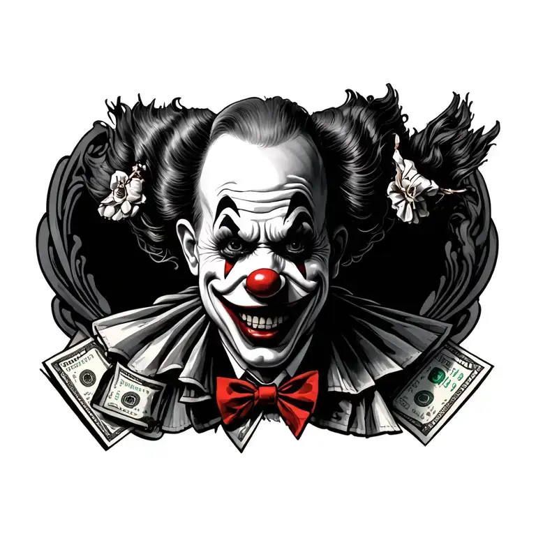 "5015" old school gangster clown money tattoo design idea