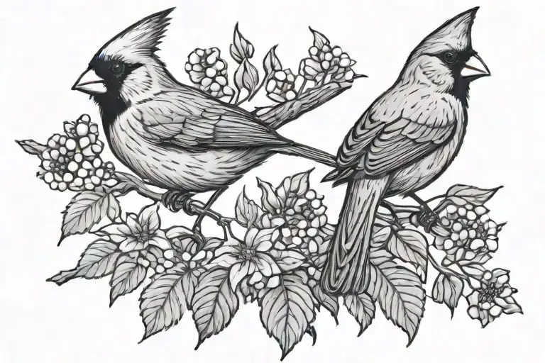  1. Cardinal: A small to medium-sized cardinal, highly detailed, in black and white.  2. Branch: A main branch tha tattoo design idea