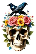 "in patri mori" a skull with flowers in its mouth with two crows standing on top, with some flowers in the background tattoo design idea