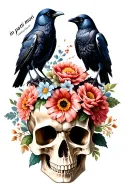 "in patri mori" a skull with flowers in its mouth with two crows standing on top, with some flowers in the background tattoo design idea