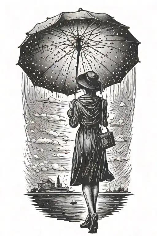 woman silhouette with an umbrella getting rained tattoo design idea