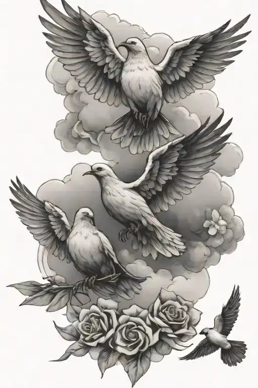 clouds doves and angle halo tattoo design idea