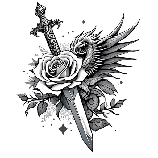 arab dagger, rose, dragon, celestial accents inspired tattoo design idea