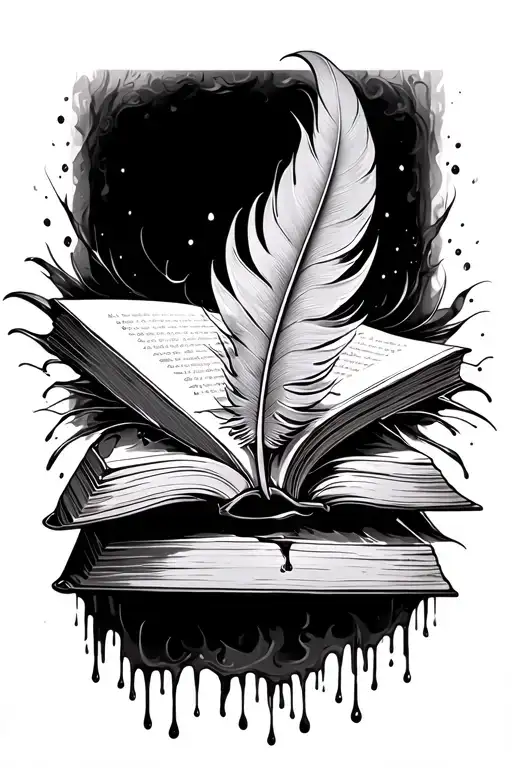 Male tattoo, medium size, feather with dripping ink down on an open book in which something is written, and next to the words tattoo design idea