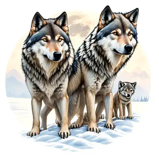 wolf pack 2 adults two cubs full moon tattoo design idea