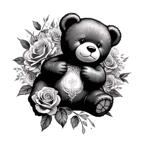Teddy bear and roses surrounding tattoo design idea