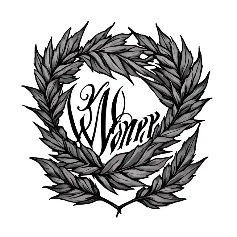 laurel leaf wrath with a name written tattoo design idea