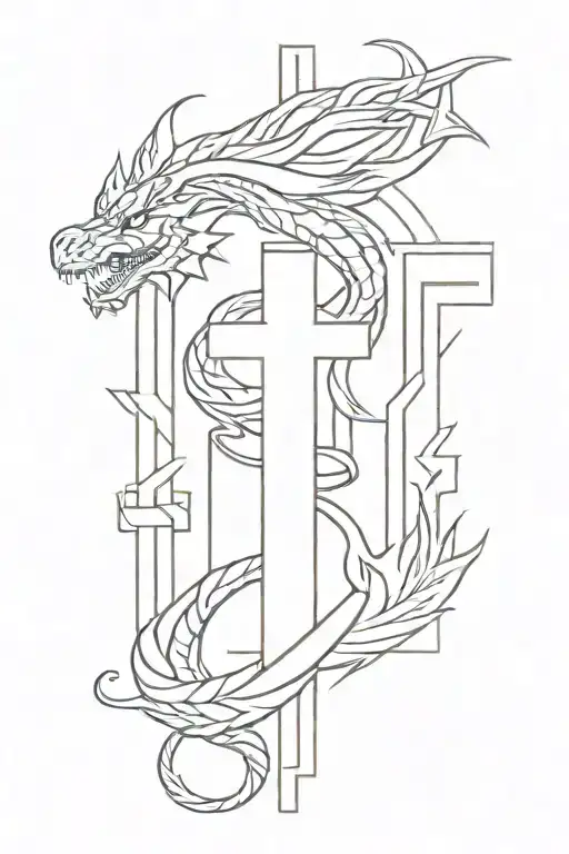 small cross with Aztec dragon wrapped tattoo design idea