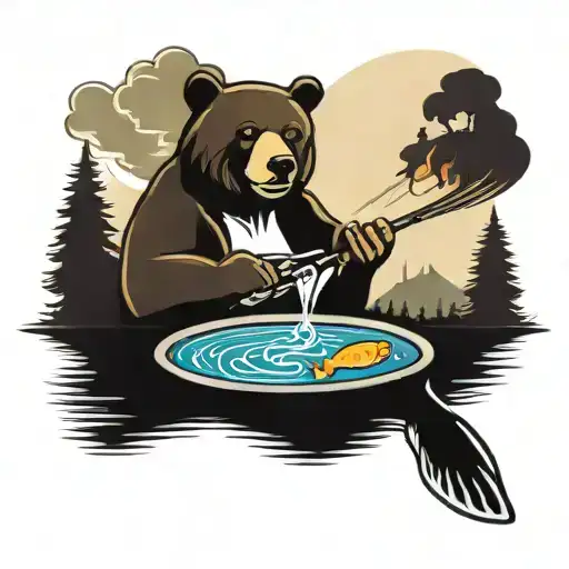 A neotraditional tattoo of a bear catching a fish in a river, with a vintage car parked nearby and a pot of soup simmering over a campfire, reflecting the client's interests in fishing, cars, and cooking tattoo design idea