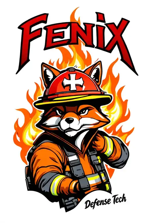 "Fenix Defense Tech" Tough Fox wearing firefighter gear, surrounded by flames. Helmet has maltese cross fire symbol. tattoo design idea