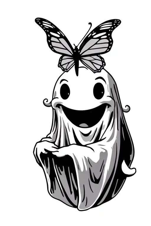 Create a tattoo of a happy ghost holding a butterfly tattoo design idea