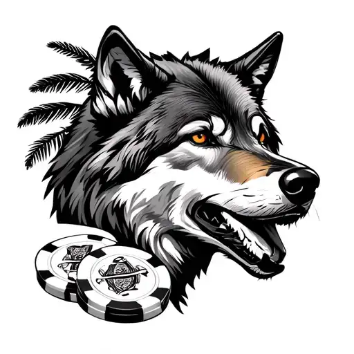 wolf, palm tree, poker chips tattoo design idea