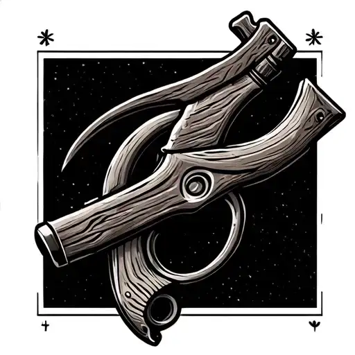 wooden slingshot, neo-traditional. high quality tattoo design idea