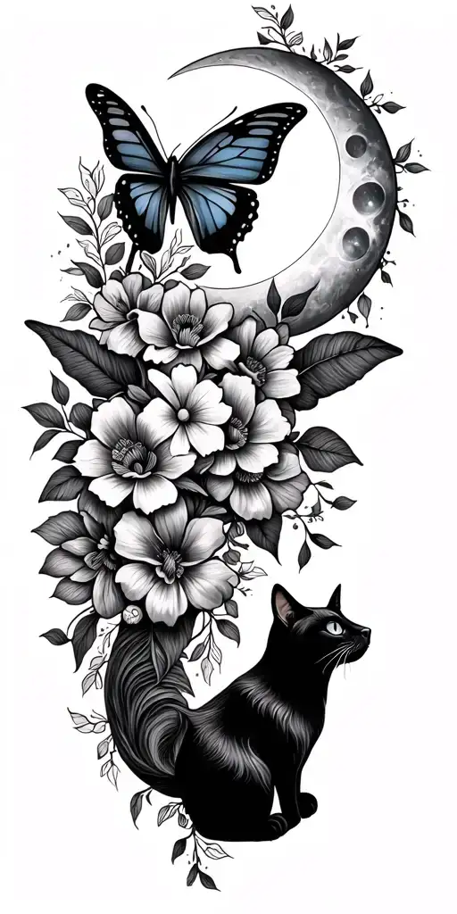 birth flower tattoos, elephant, wolf, butterfly, black cat, moon, lion with vines  tattoo design idea