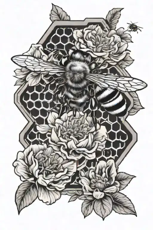 bee, honeycomb. flowers intertwined tattoo design idea