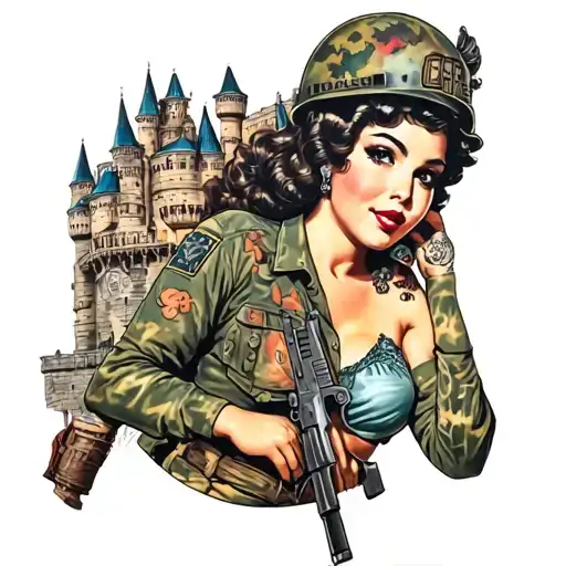 PIN UP GIRL, US ARMY Engineer castle nestled tattoo design idea