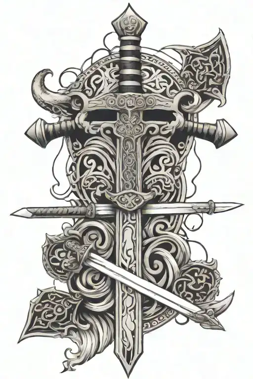 samurai sword, christian cross, and viking axe overlaping tattoo design idea