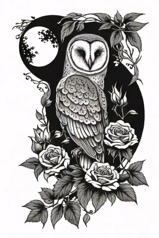 Barn Owl with moon and roses tattoo design idea