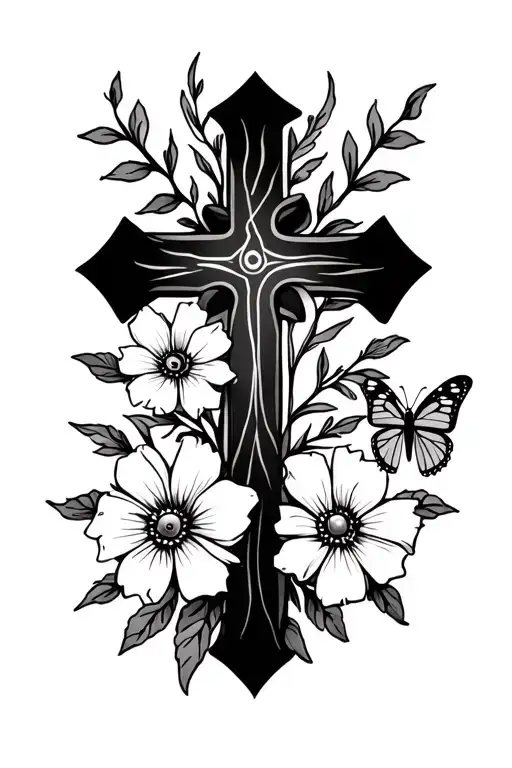 simple, thin, lined cross with flowers around the cross. two of the flowers are mustard seed and Lili, add a butterfly tattoo design idea