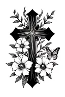simple, thin, lined cross with flowers around the cross. two of the flowers are mustard seed and Lili, add a butterfly tattoo design idea