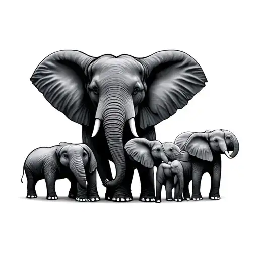 elephant mom and 4 baby's linked together symbolizing tattoo design idea