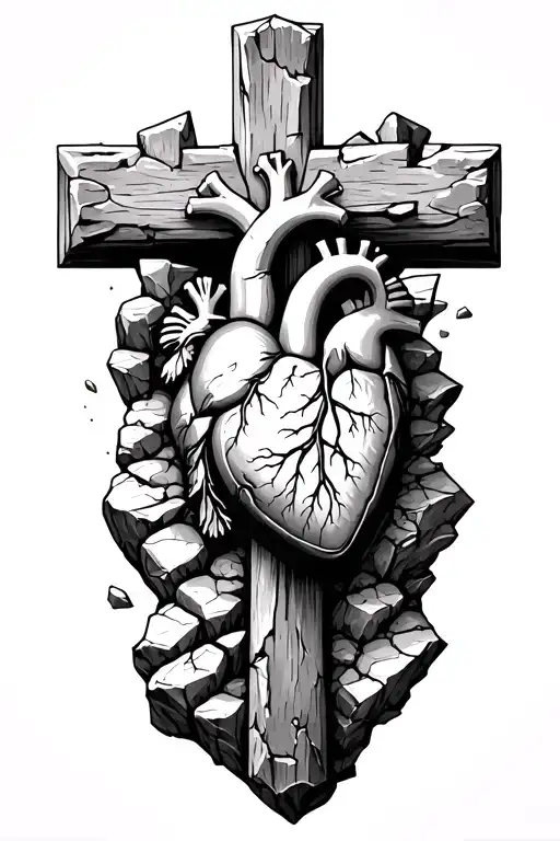 Stone cross one side crumbling into rock with anatomically correct heart  tattoo design idea