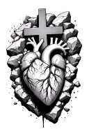 Stone cross one side crumbling into rock with anatomically correct heart  tattoo design idea