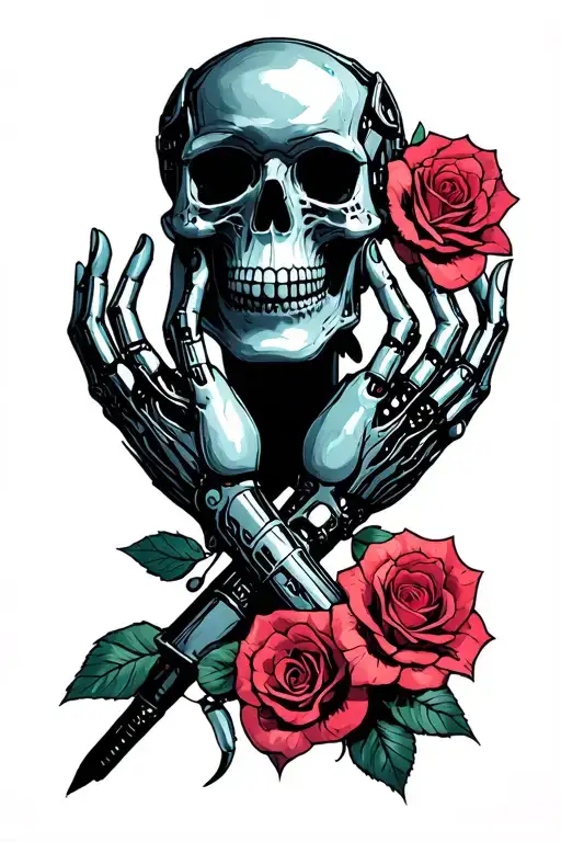 A sketch for a tattoo theme of cyberpunk 2077 game With crossed Cybernetic hands  and skull   With a couple of roses in  tattoo design idea