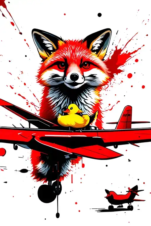 A fox on an aircraft that flies under a hazelnut with a yellow duck in a flac and raccoon tattoo design idea