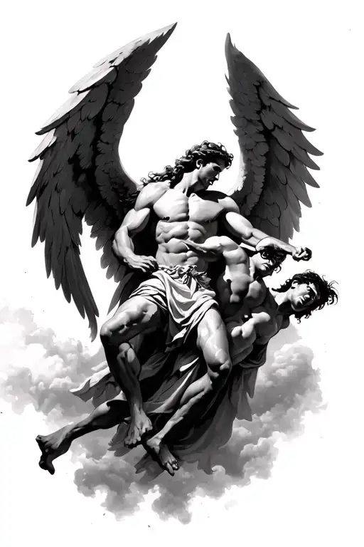 archangel Michael defeating the fallen angel with a cloudy background tattoo design idea