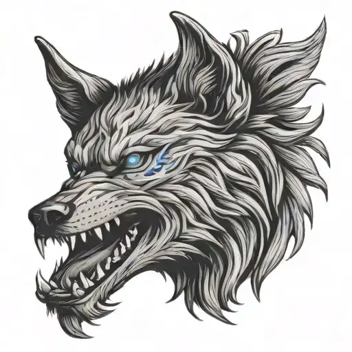Fenrir Head Side Profile with mouth opened and Blue eye tattoo design idea