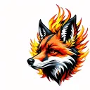 Forward facing Melanistic Cross Fox head mixed with Phoenix rising from ashes. Fenix Defense Tech writen somewhere tattoo design idea