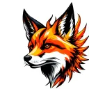 Forward facing Melanistic Cross Fox head mixed with Phoenix rising from ashes. Fenix Defense Tech writen somewhere tattoo design idea